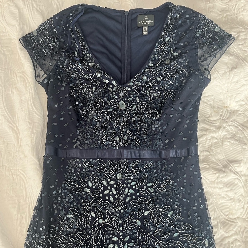 Adrianna Papell Elegant Navy Blue Evening Gown